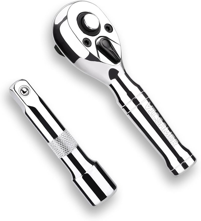 Tiosamd Stubby Ratchet Set- 3/8" Drive Ratchet Handle with a Extension Bars, Gift for Men 72-T Reversible Quick Release Head Premium Mini Ratchet Wrench for Narrow Spaces - Image 1